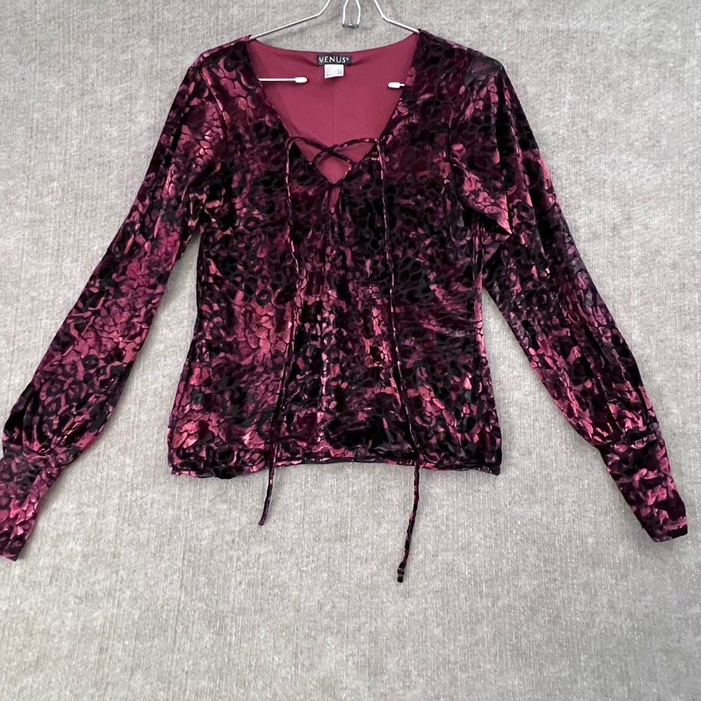 Venus Velvet Top Long Sleeve Purple Black‎ Burnout Leopard Print Blouse S